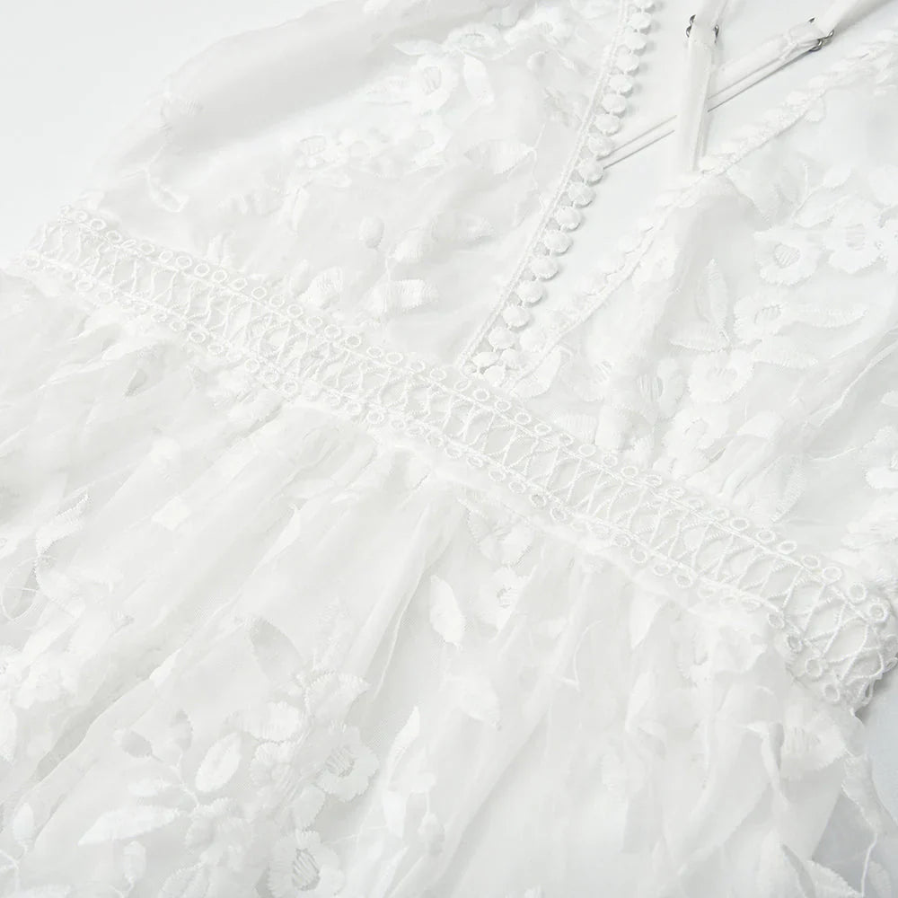 Kelly - Elegant White Lace Mini Dress with Deep V-neck and Adjustable Straps