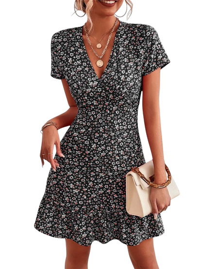 Hannah - Stylish Floral Dress for Women with V-neck and Flared Hem