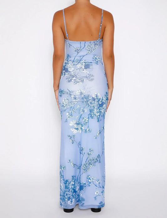 Leyla - Floral Blue Maxi Dress With Delicate Lace For Women