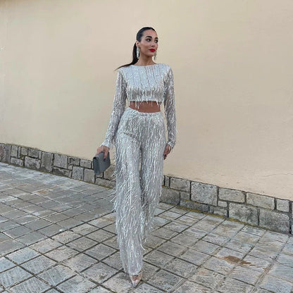Coby - Elegant Sequin Crop Top and Wide-Legged Trousers Set