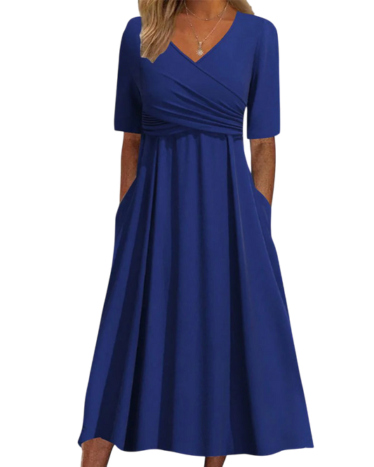 Monica - Elegant Crossover Midi Dress with A-line Silhouette and V-neck