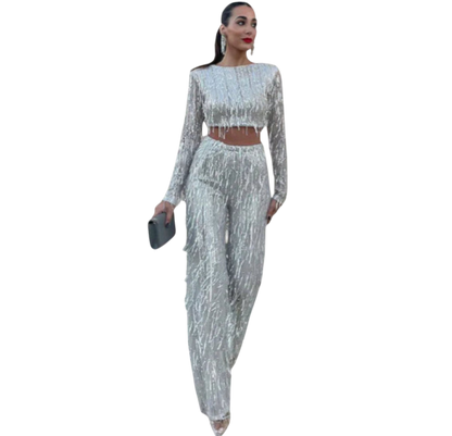Coby - Elegant Sequin Crop Top and Wide-Legged Trousers Set