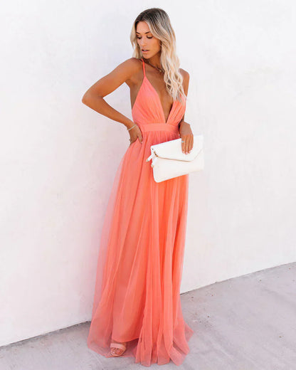 Charley - Orange Spaghetti Strap Maxi Dress For Women