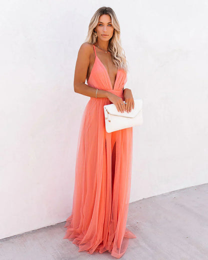 Charley - Orange Spaghetti Strap Maxi Dress For Women