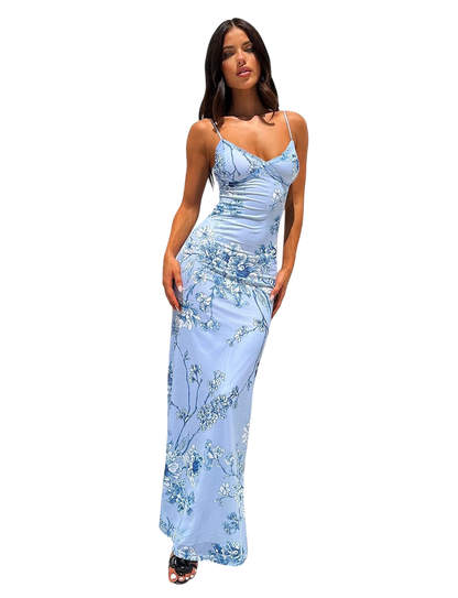 Leyla - Floral Blue Maxi Dress With Delicate Lace For Women