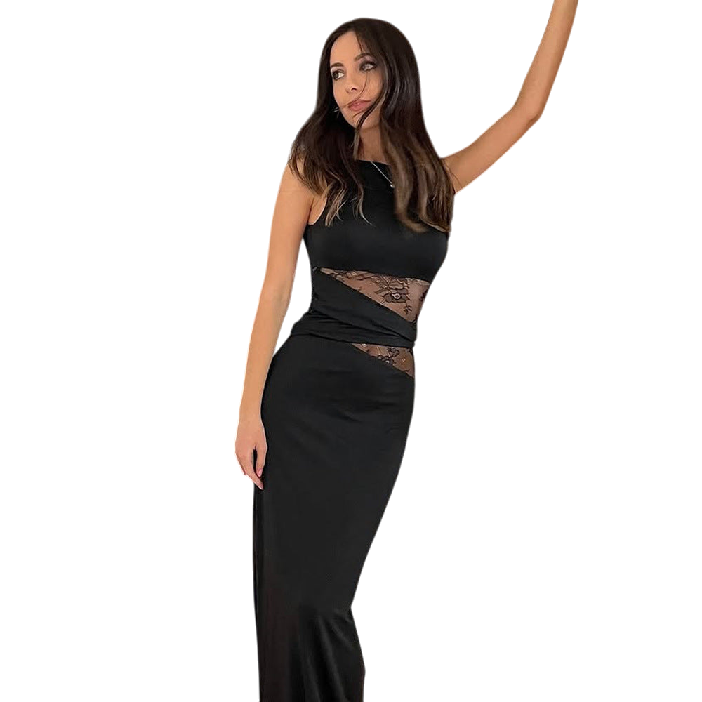 Maia - Elegant Sleeveless Lace Long Dress With Cutouts Black