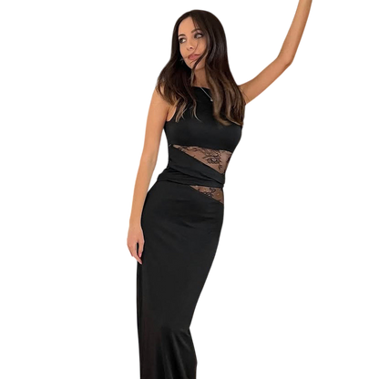 Maia - Elegant Sleeveless Lace Long Dress With Cutouts Black